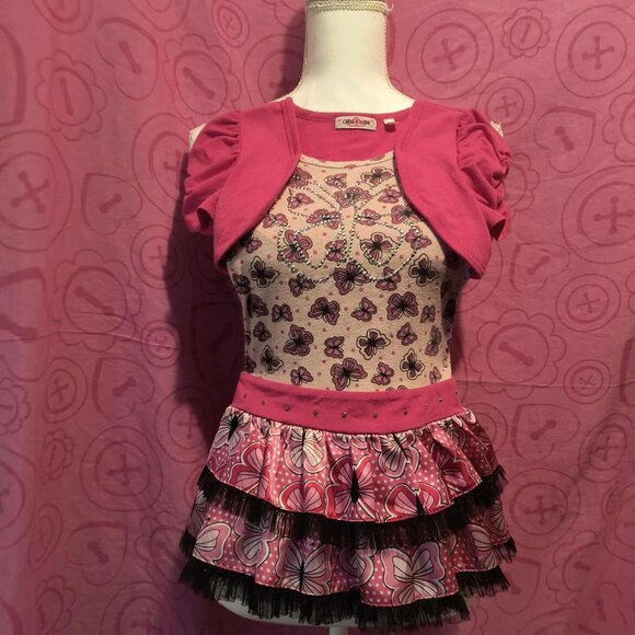 Y2K Pink Butterfly Layered Mini Dress / Top Set – 2000s Coquette Fairycore Indie - Picture 2 of 4